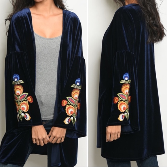 Trend Setter Diva Boutique Item Sweaters - 1 LEFT! NAVY VELVET CARDIGAN W FLORAL EMBROIDERY